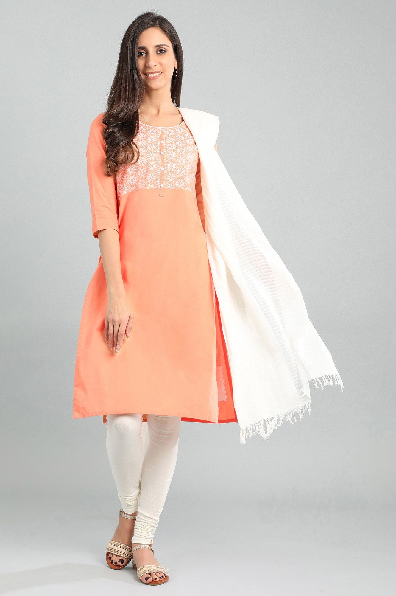 Orange Round Neck Yarn-dyed kurta