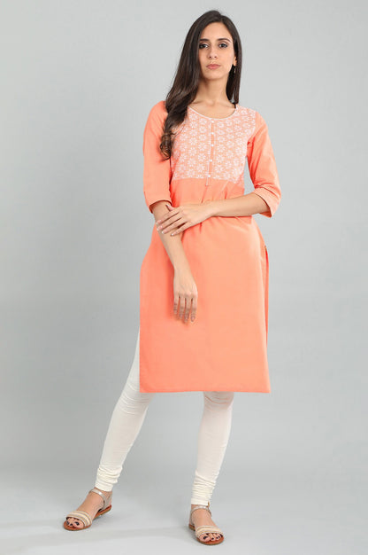 Orange Round Neck Yarn-dyed kurta