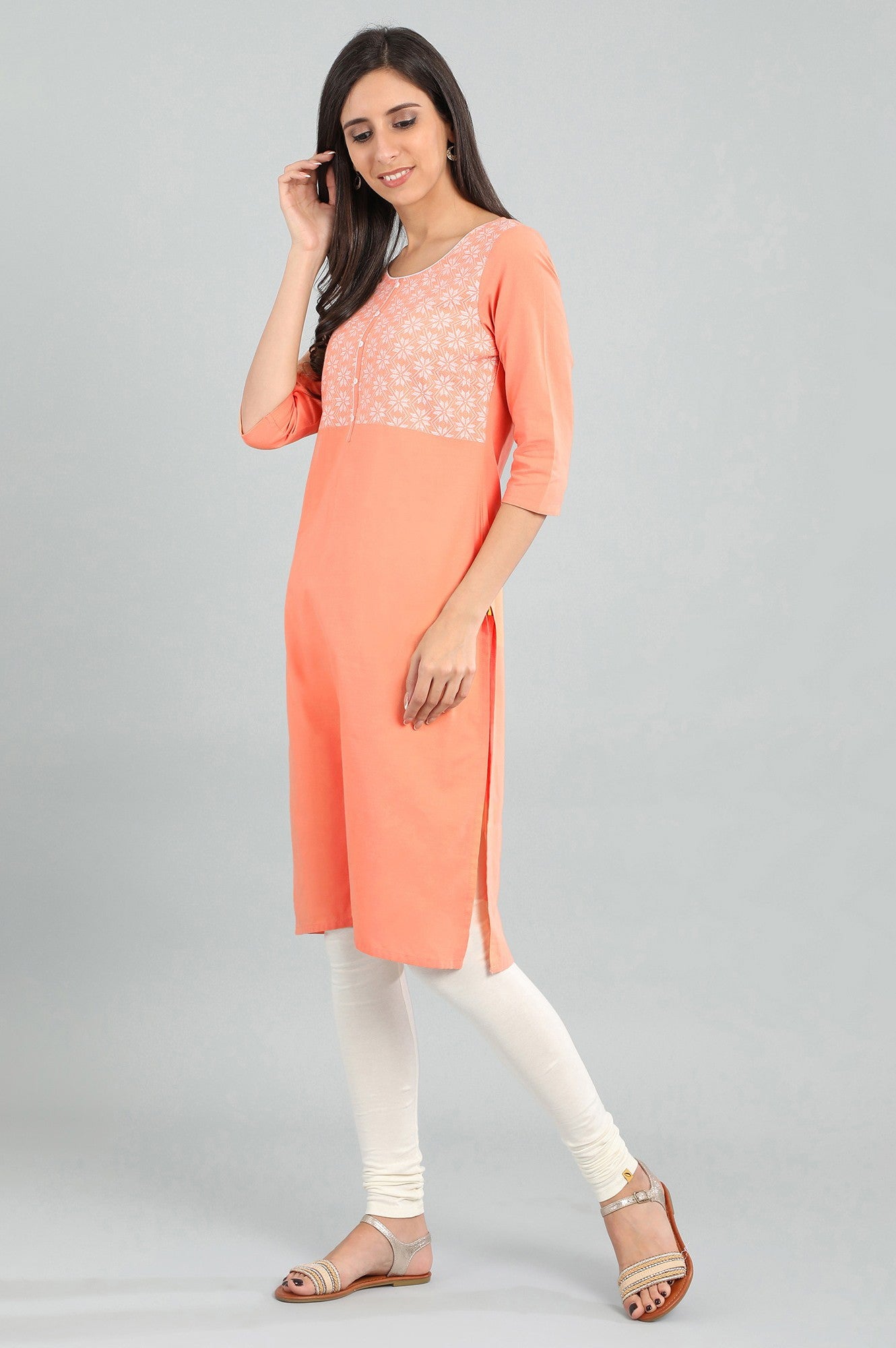 Orange Round Neck Yarn-dyed kurta