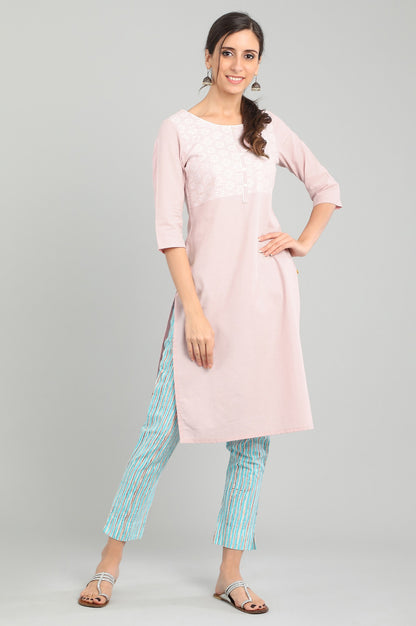 Pink Round Neck Yarn-dyed kurta