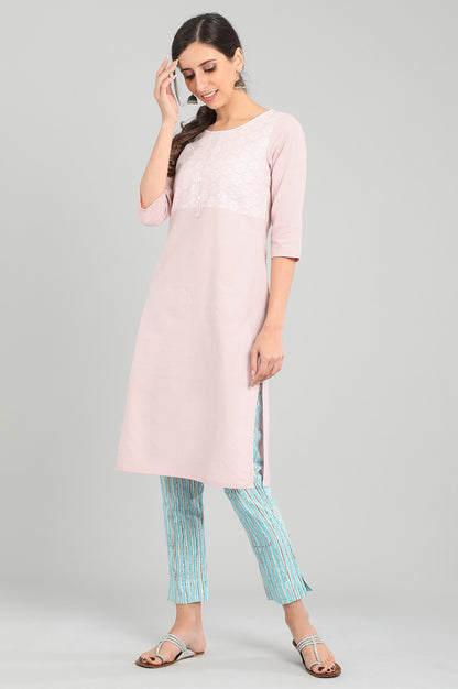 Pink Round Neck Yarn-dyed kurta