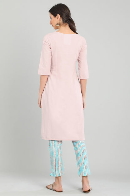 Pink Round Neck Yarn-dyed kurta