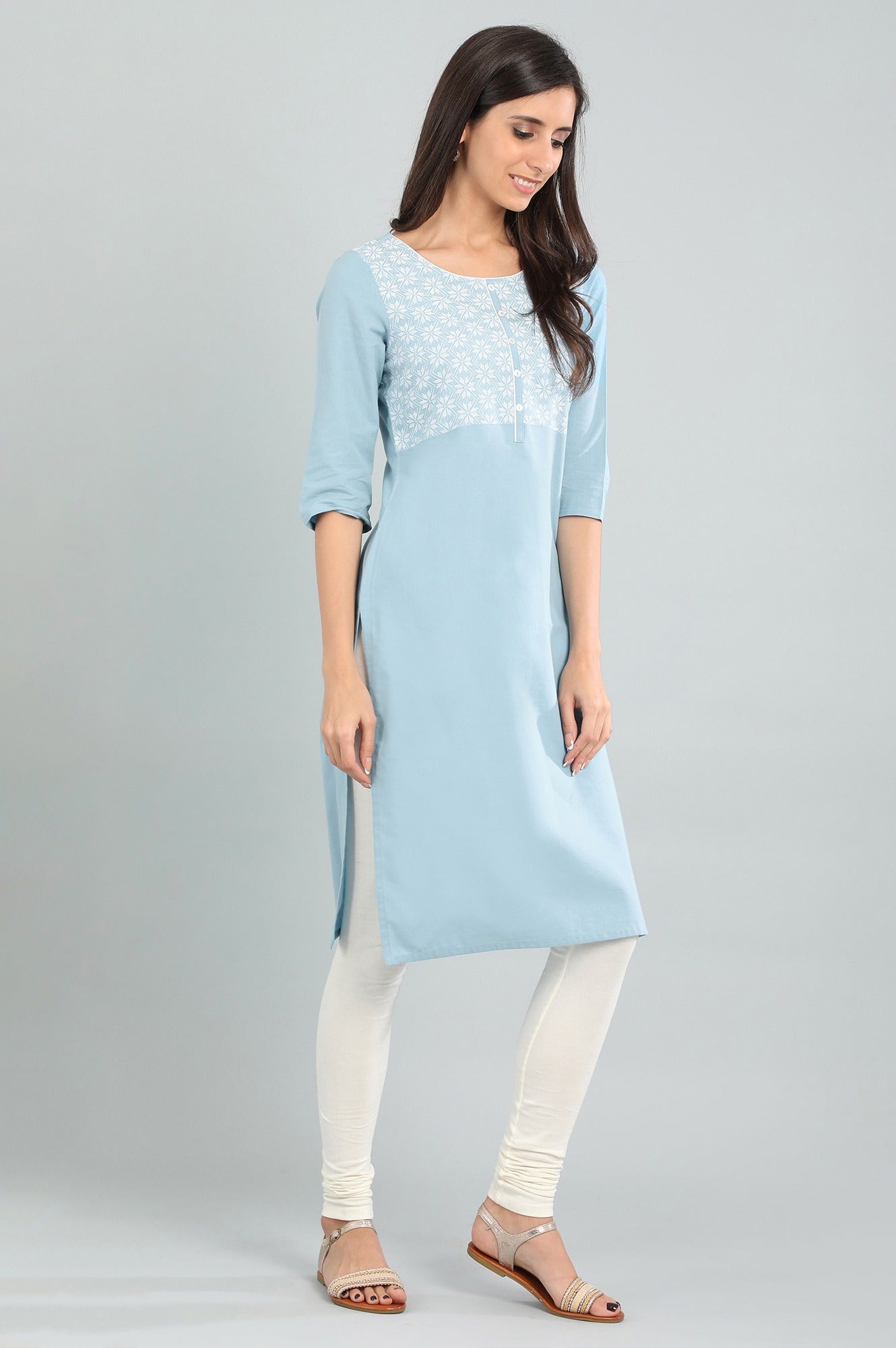 Blue Round Neck Yarn-dyed kurta