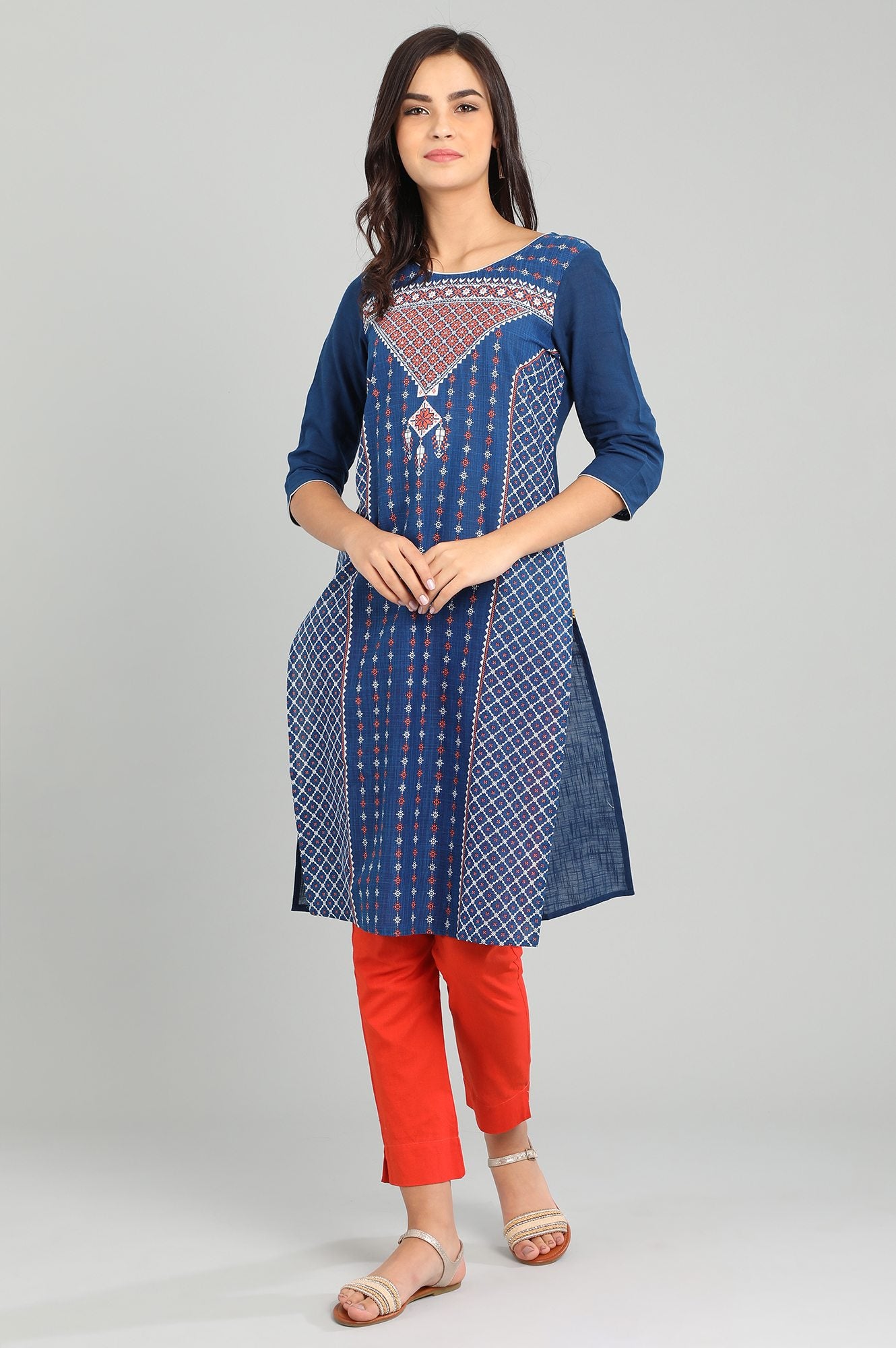 Blue Round Neck Printed kurta