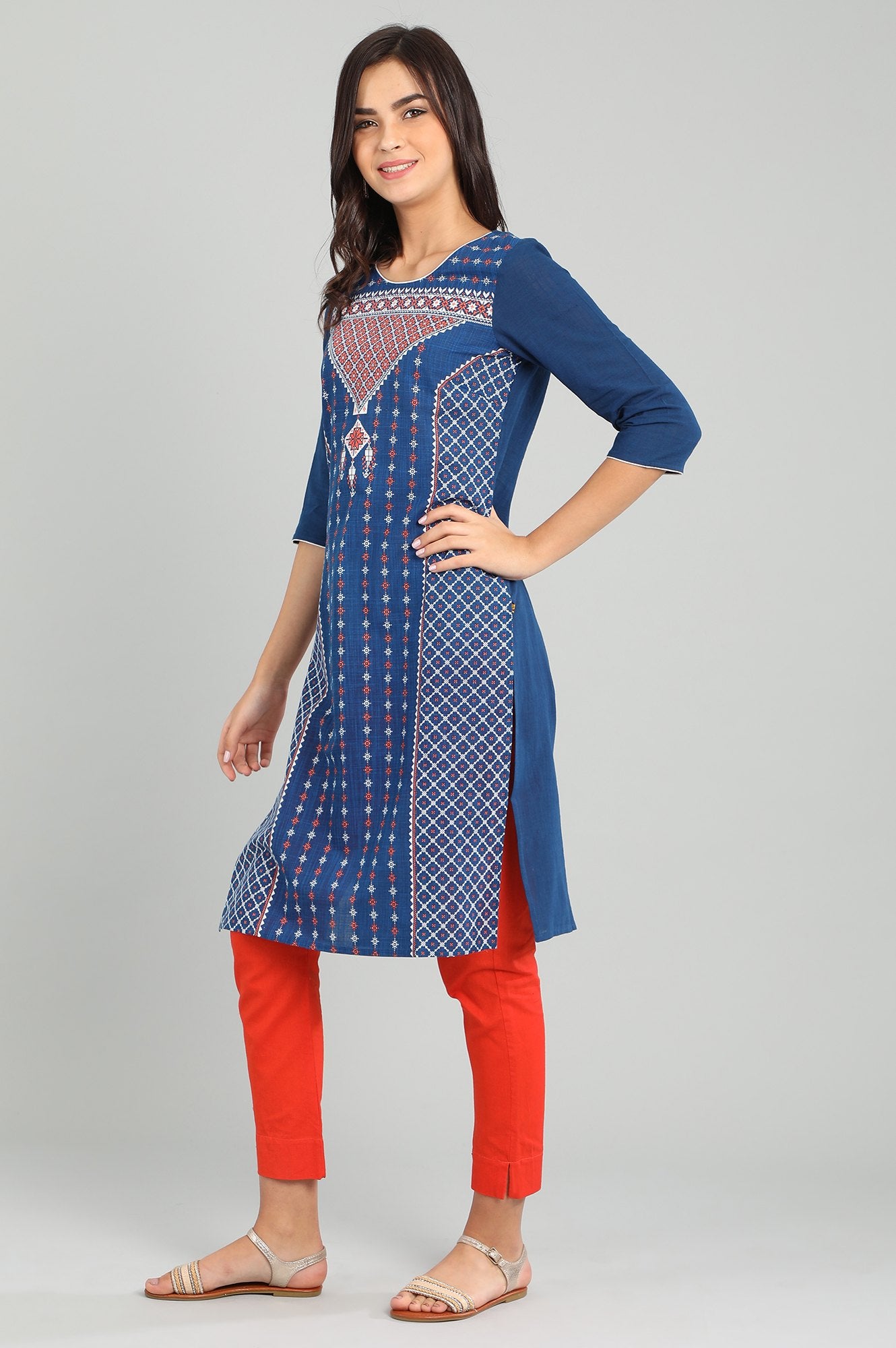 Blue Round Neck Printed kurta