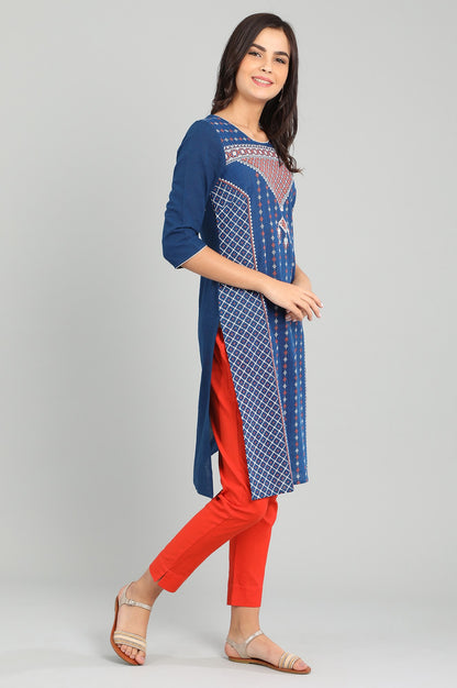 Blue Round Neck Printed kurta