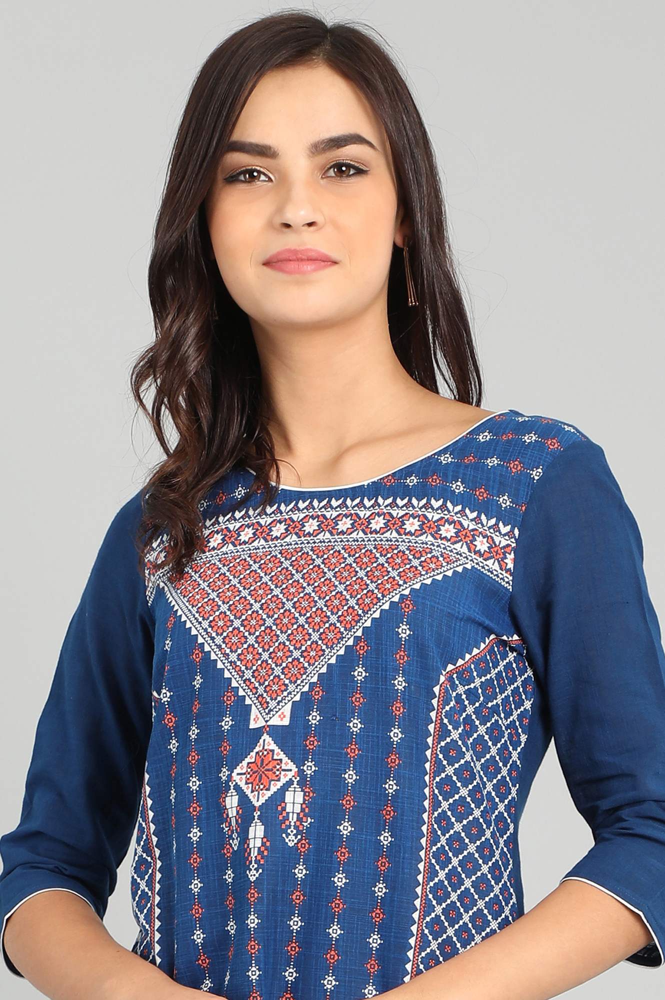 Blue Round Neck Printed kurta