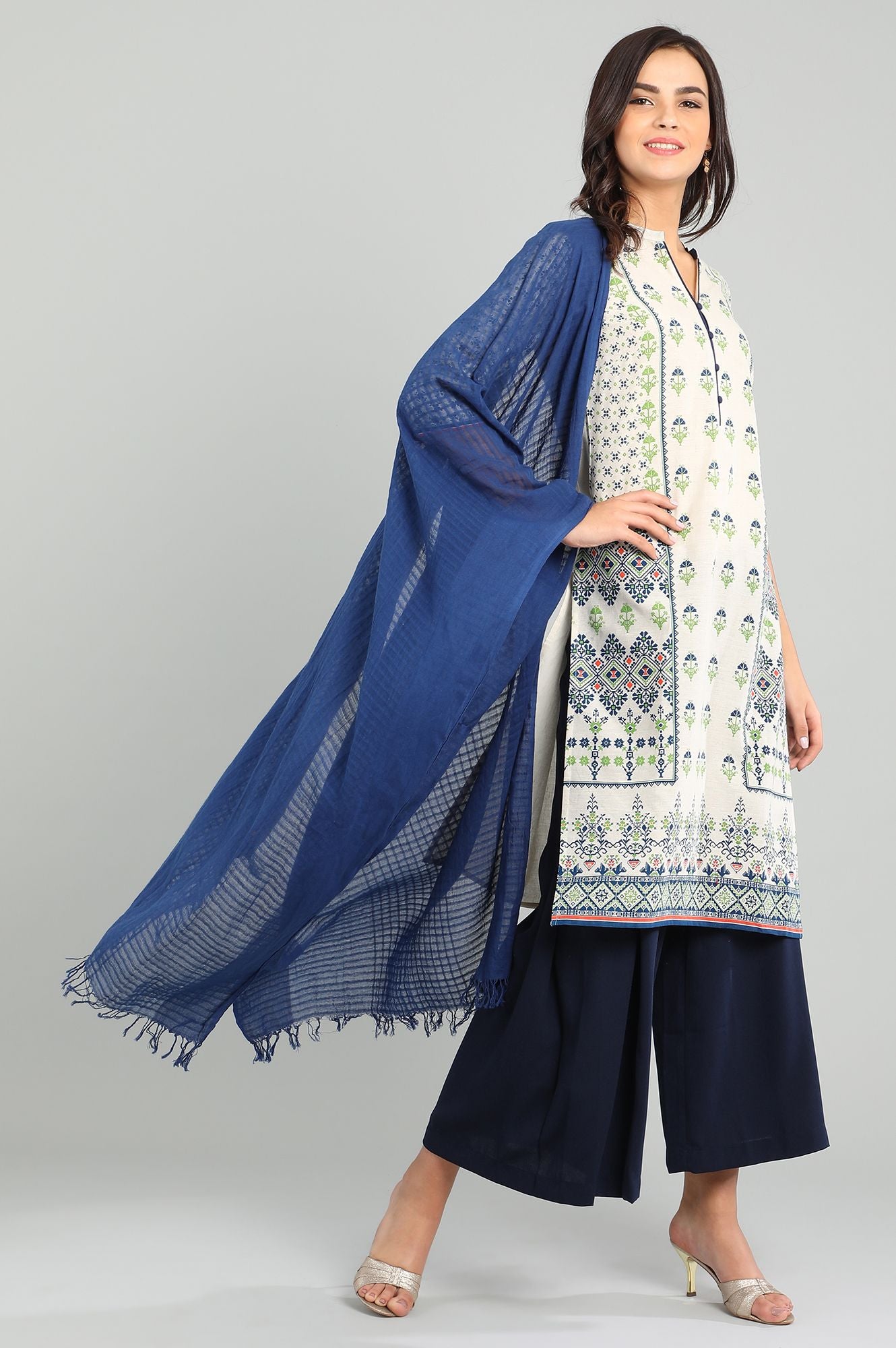 Ecru Band Collar Printed kurta