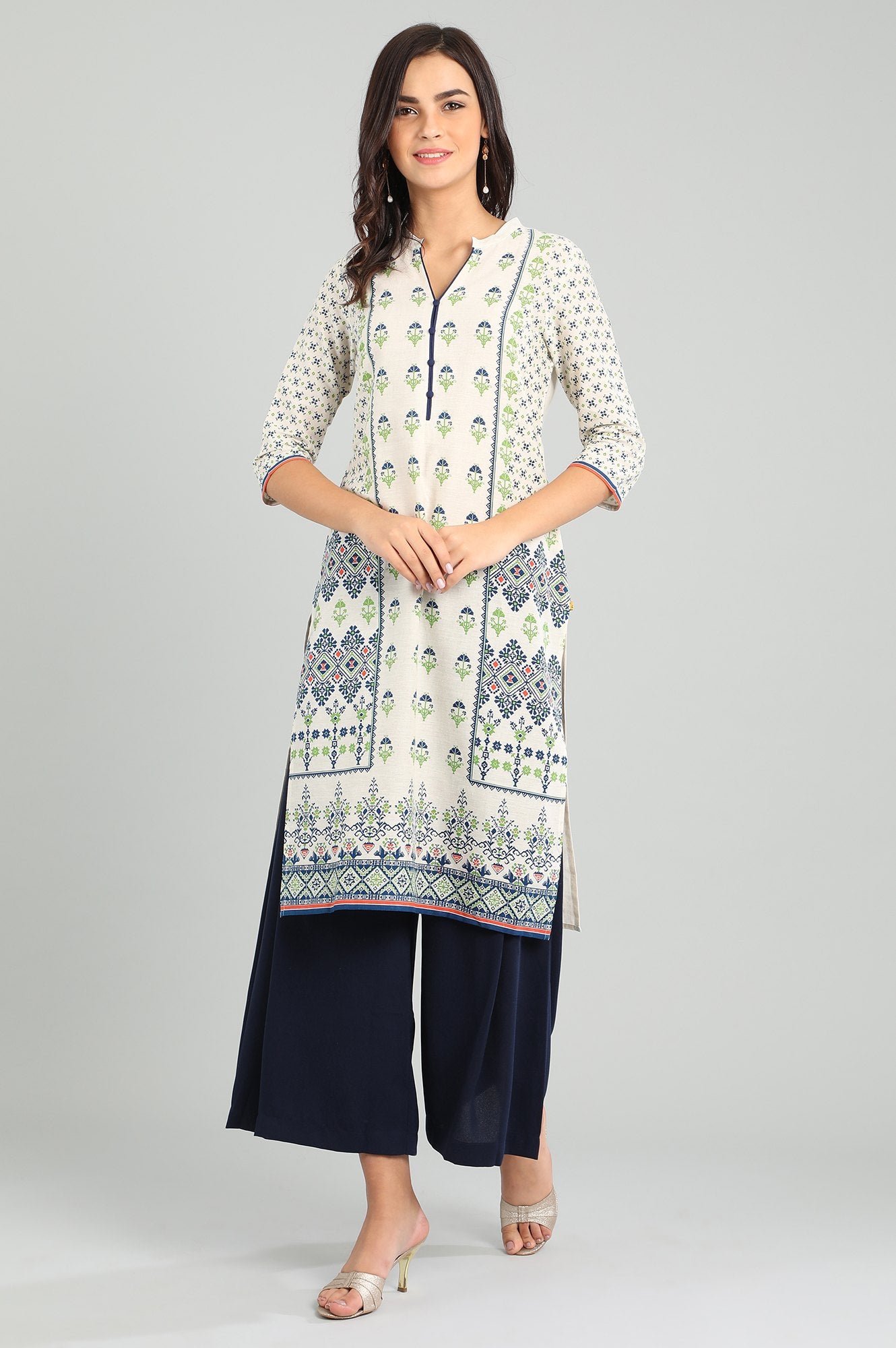 Ecru Band Collar Printed kurta