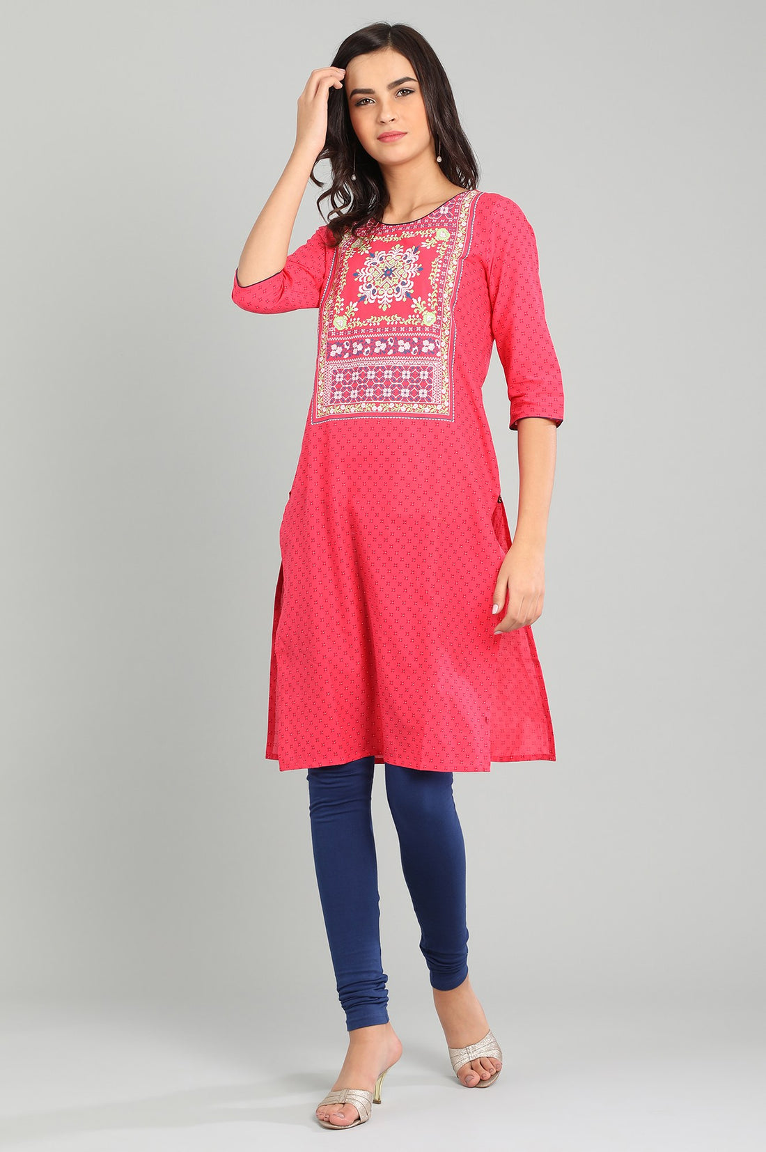 Pink V-Neck Printed kurta