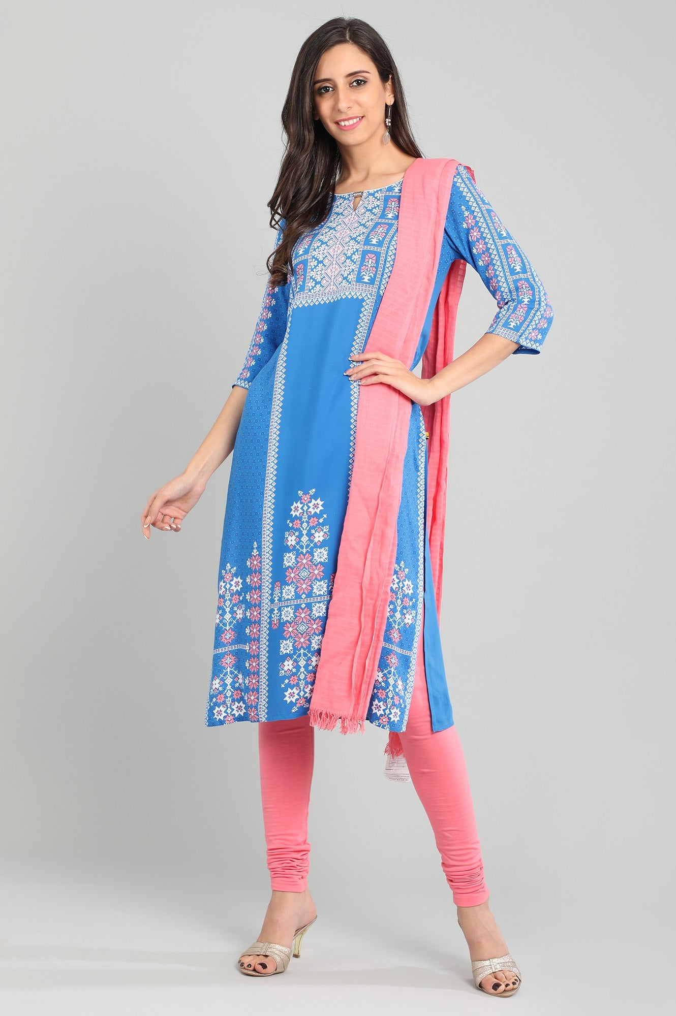 Blue Round Neck Printed kurta