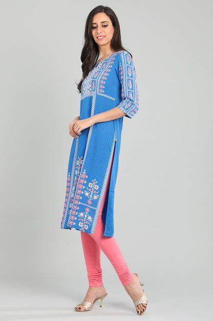 Blue Round Neck Printed kurta