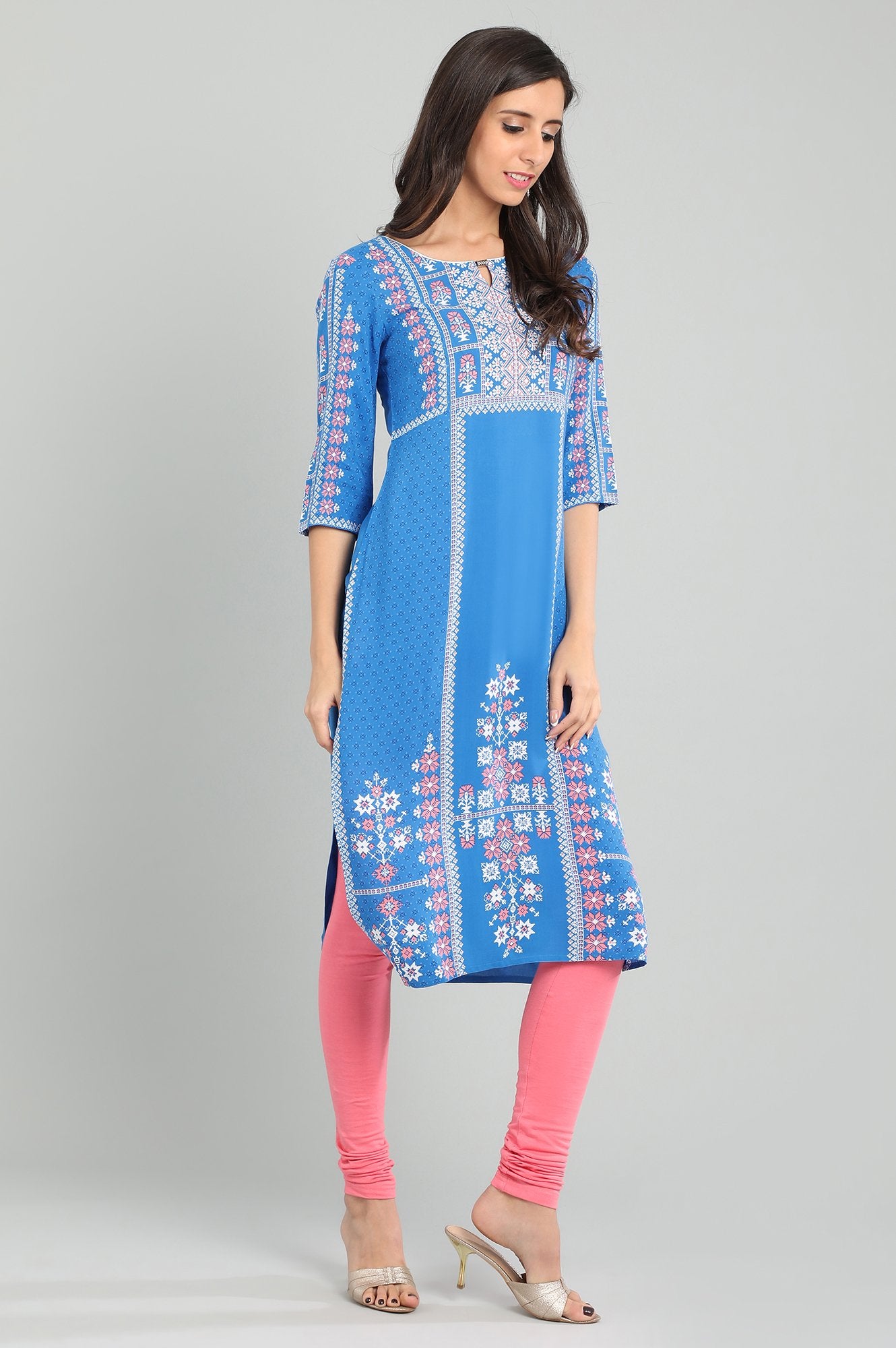 Blue Round Neck Printed kurta