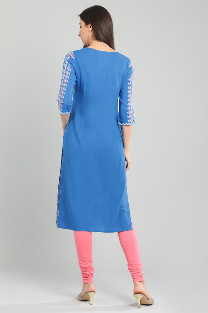 Blue Round Neck Printed kurta