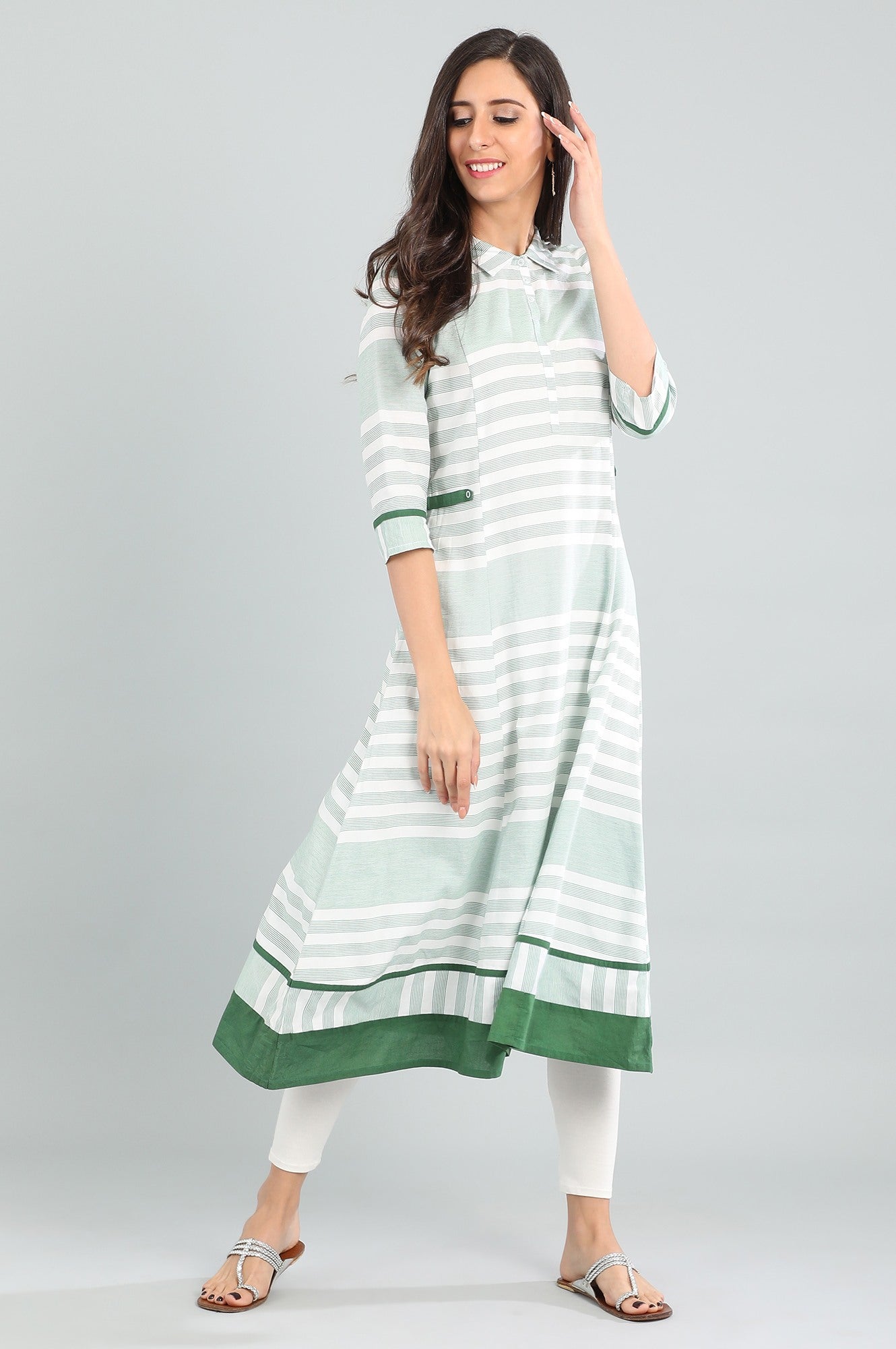 Green Shirt Collar Yarn-dyed kurta