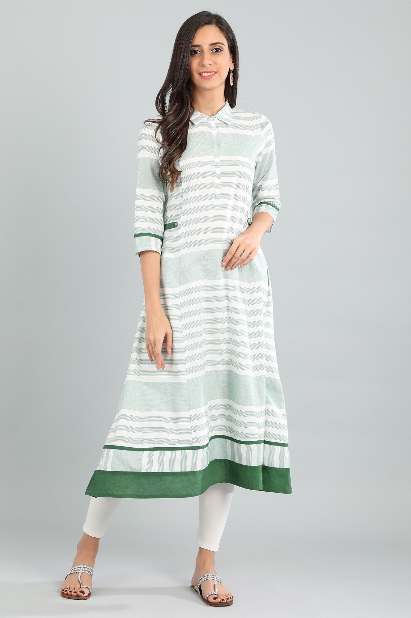 Green Shirt Collar Yarn-dyed kurta