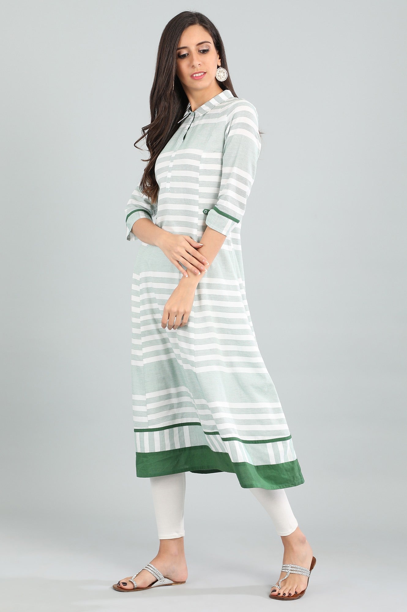 Green Shirt Collar Yarn-dyed kurta