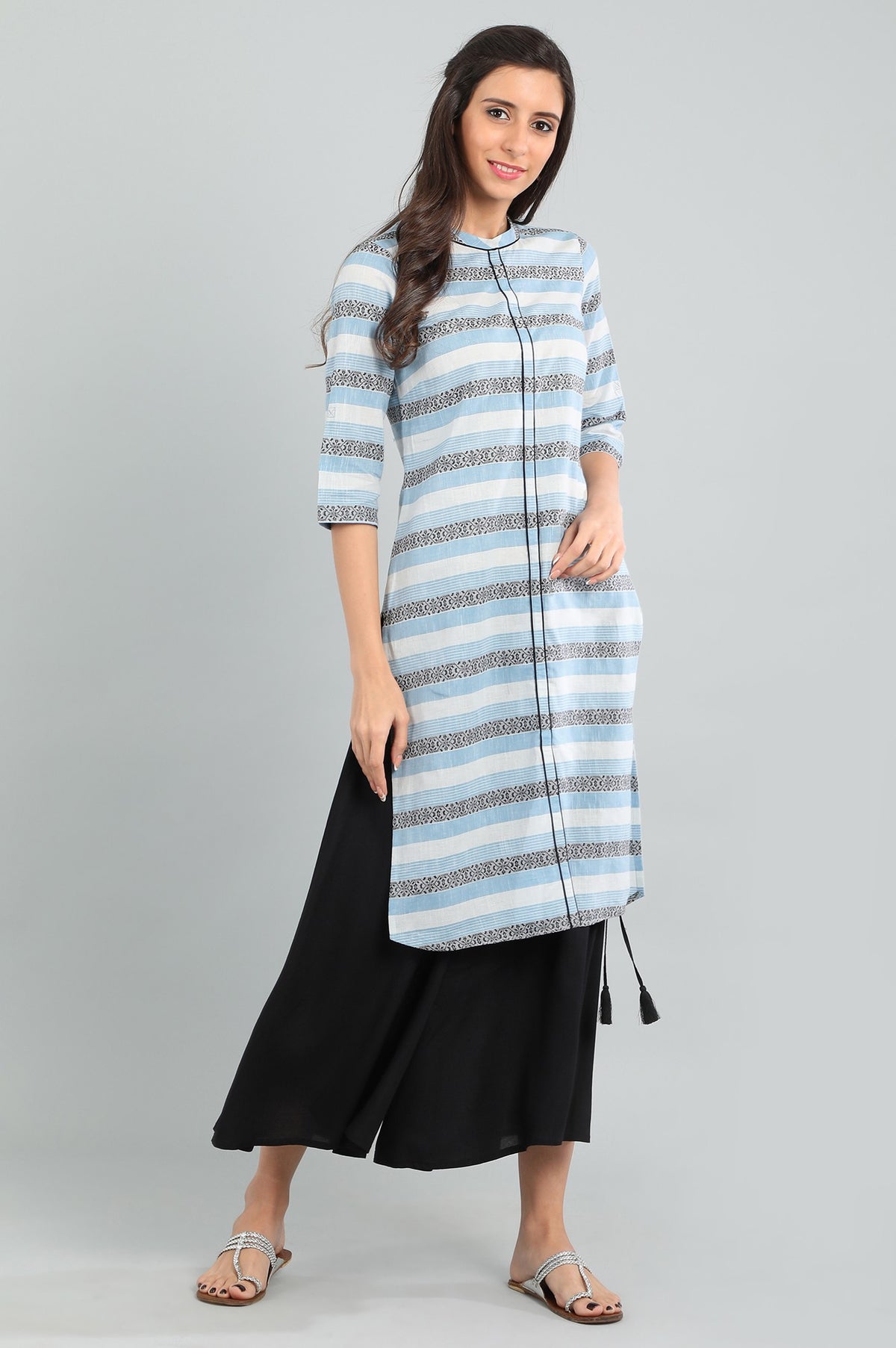 Blue Band Collar Yarn-dyed kurta - XS