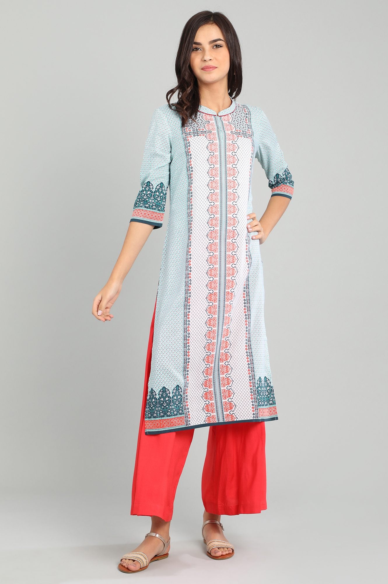 Blue Band Collar Printed kurta