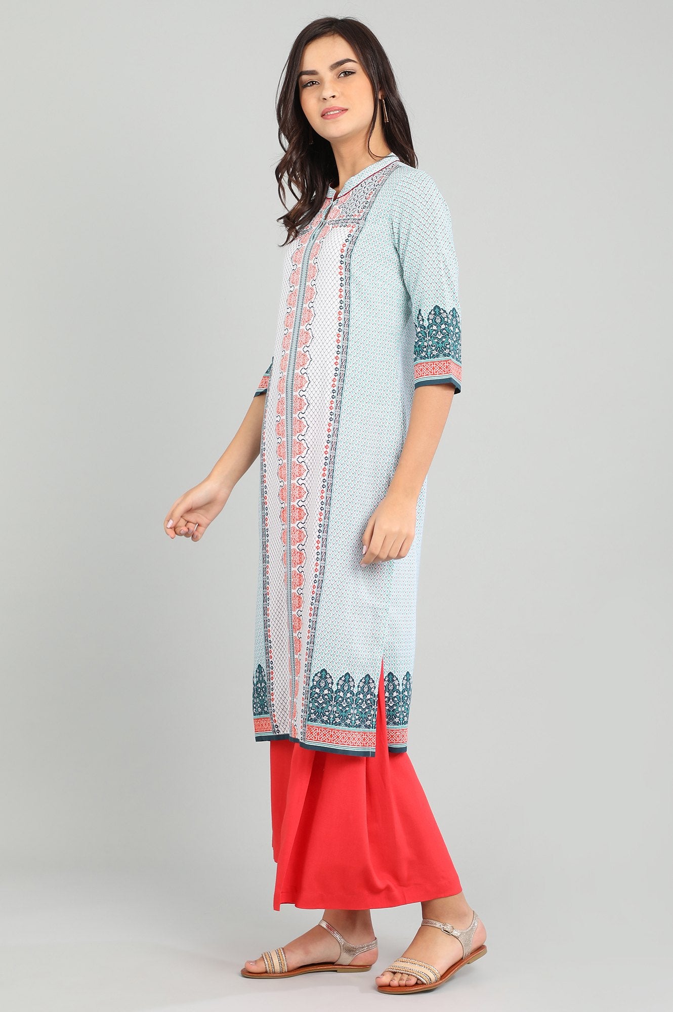 Blue Band Collar Printed kurta