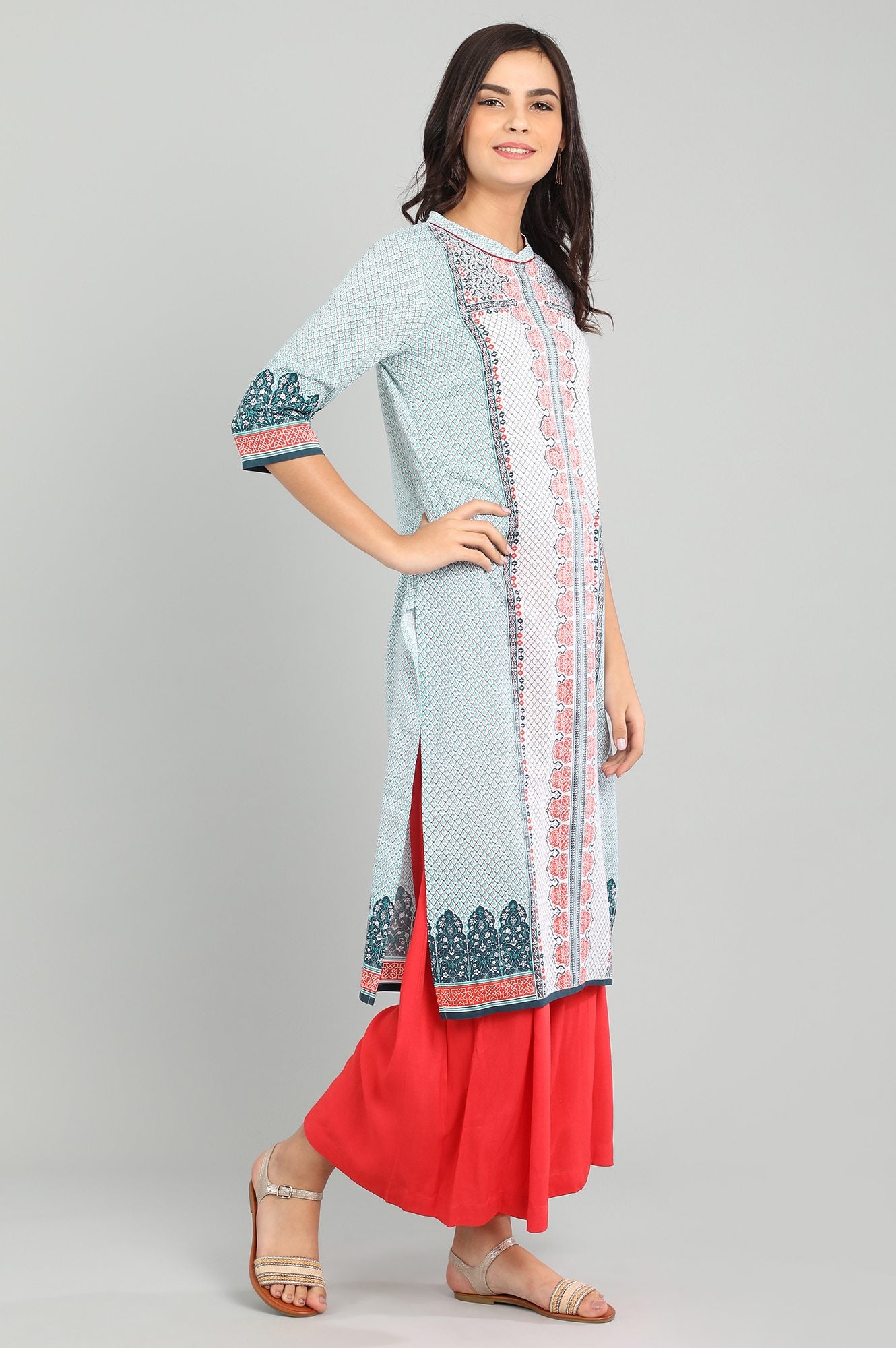 Blue Band Collar Printed kurta