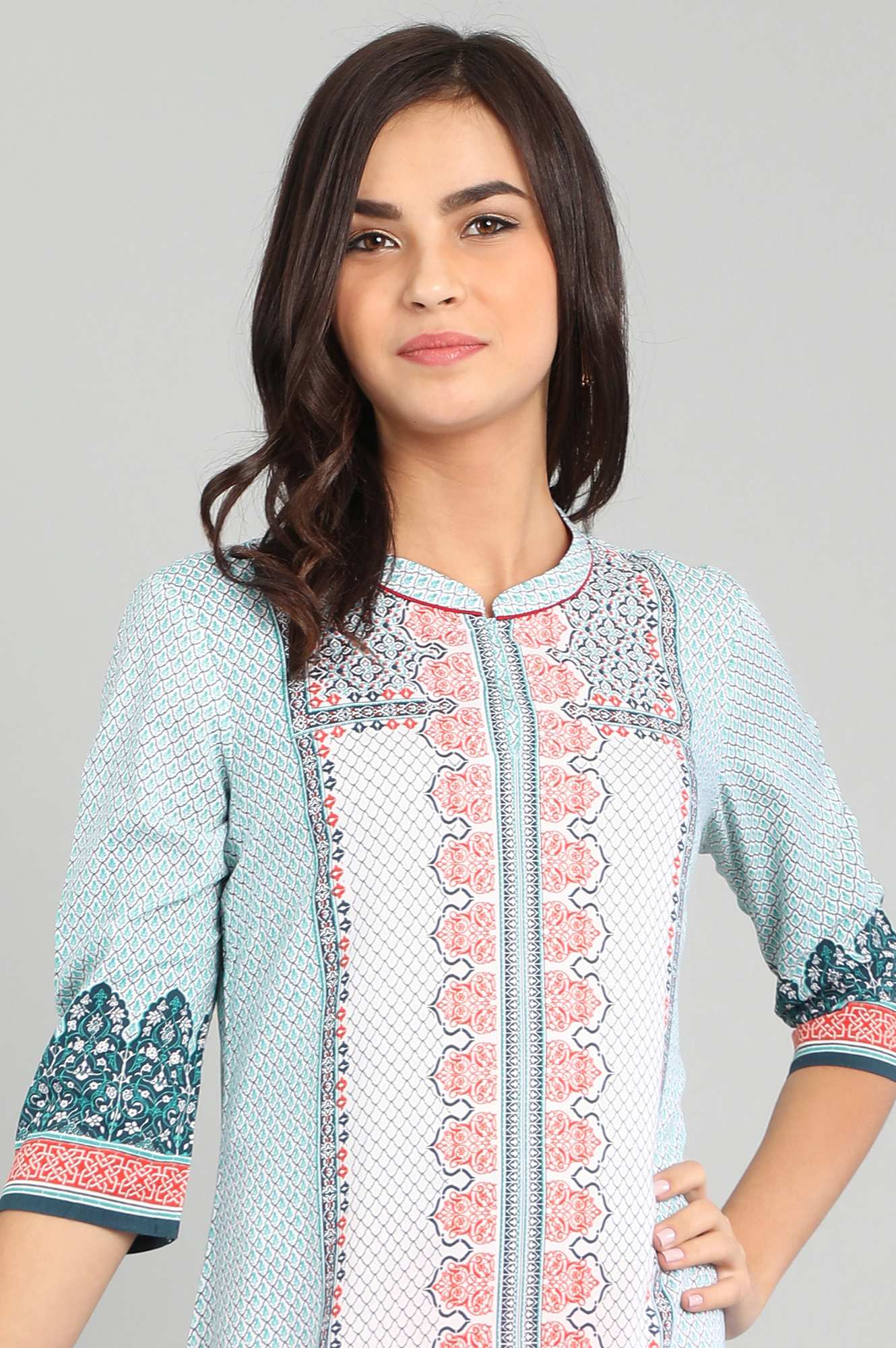 Blue Band Collar Printed kurta