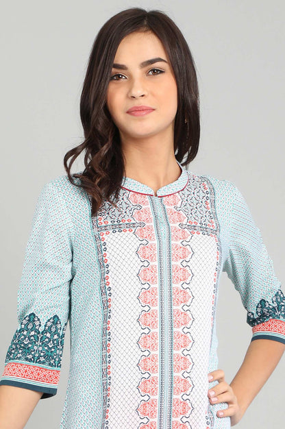 Blue Band Collar Printed kurta