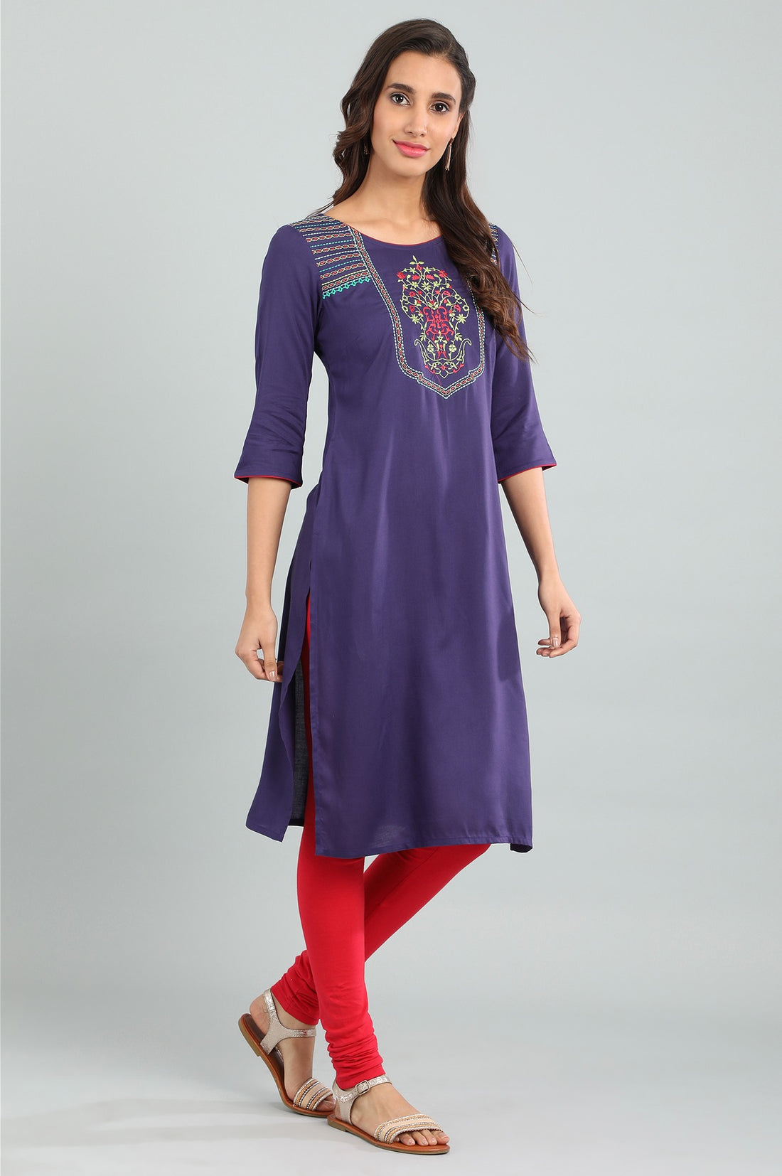 Blue Round Neck Solid kurta