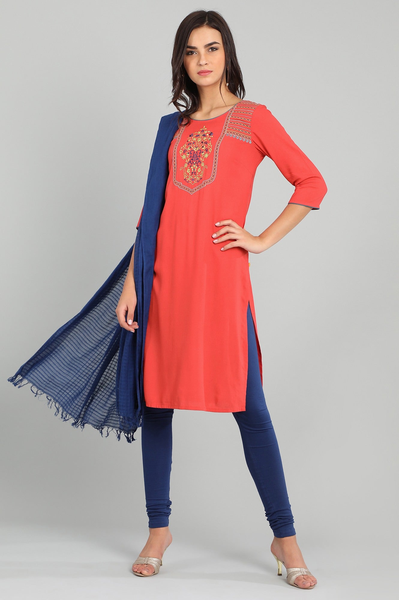 Orange Round Neck Solid kurta