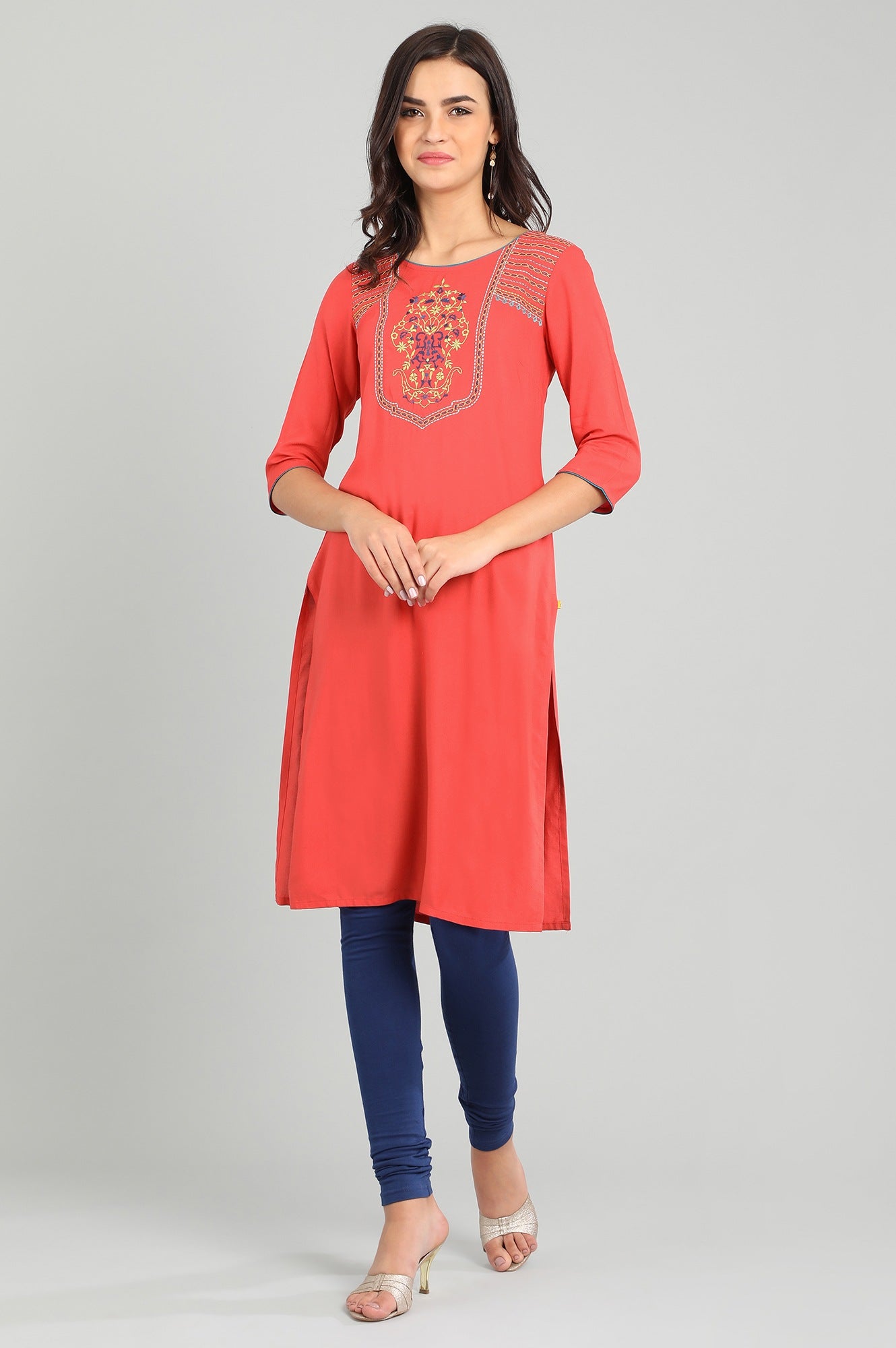 Orange Round Neck Solid kurta