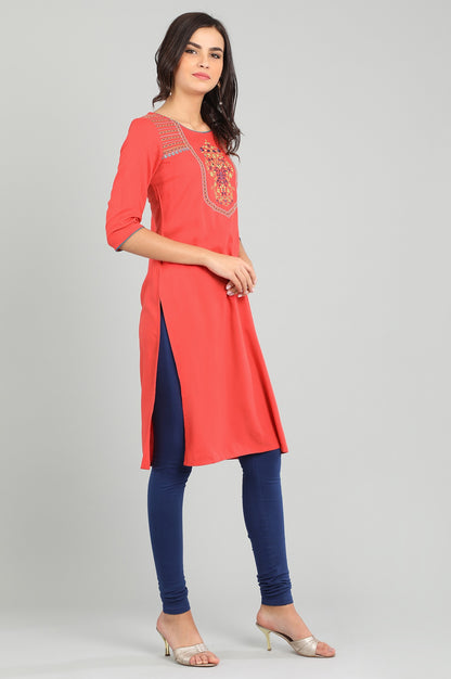 Orange Round Neck Solid kurta