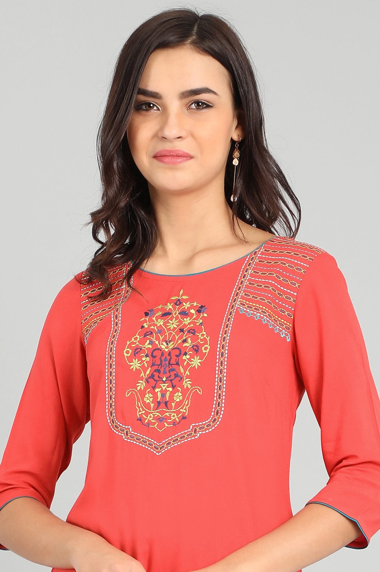 Orange Round Neck Solid kurta