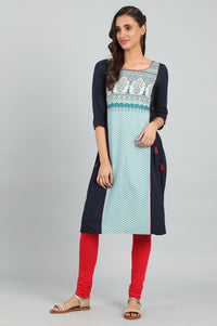 Blue Round Neck Printed kurta