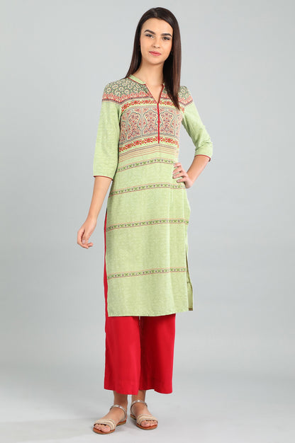 Green Band Collar Printed kurta