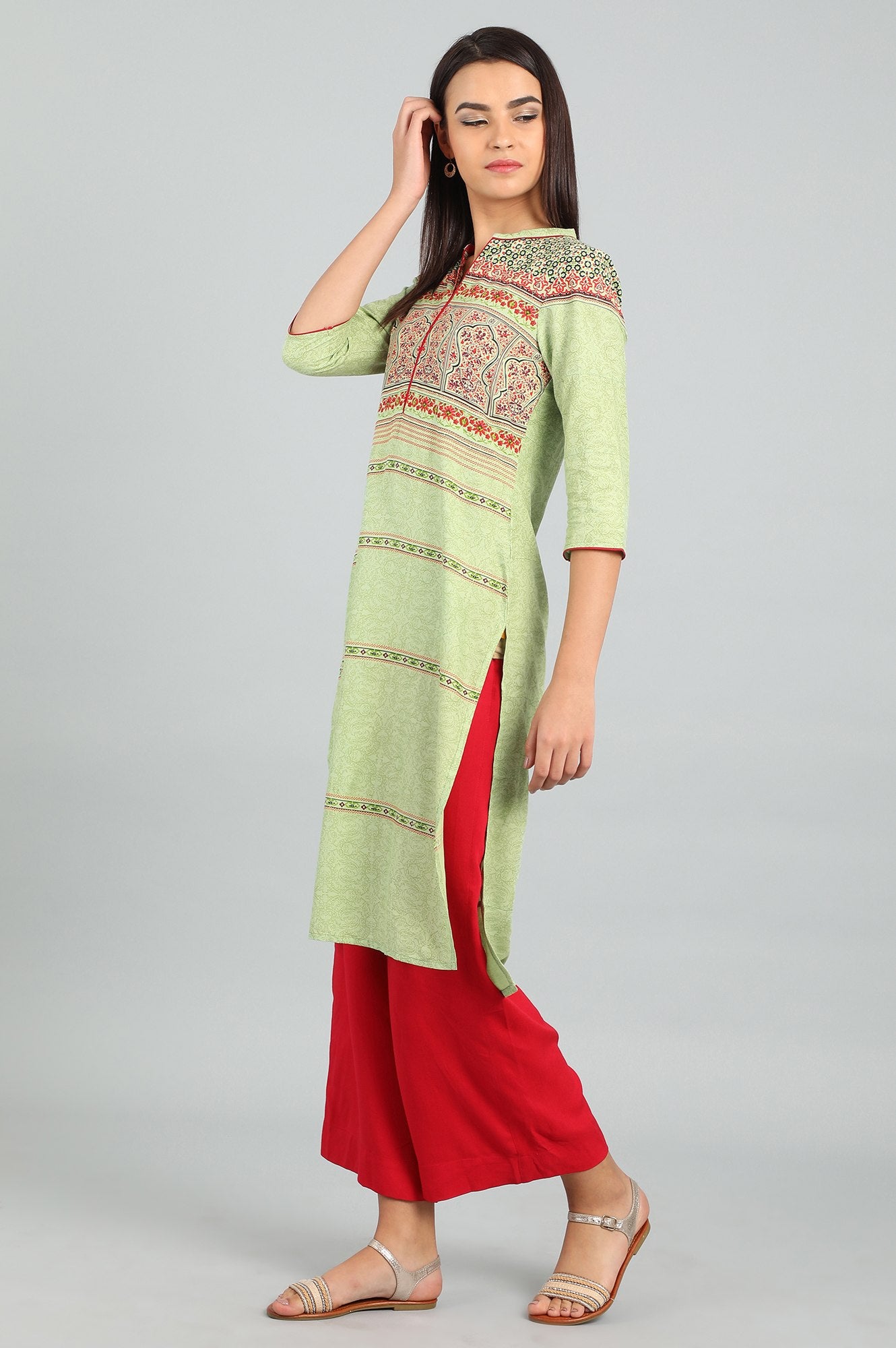 Green Band Collar Printed kurta