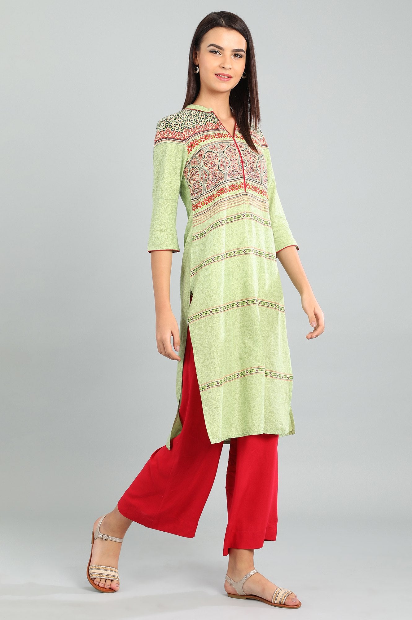 Green Band Collar Printed kurta