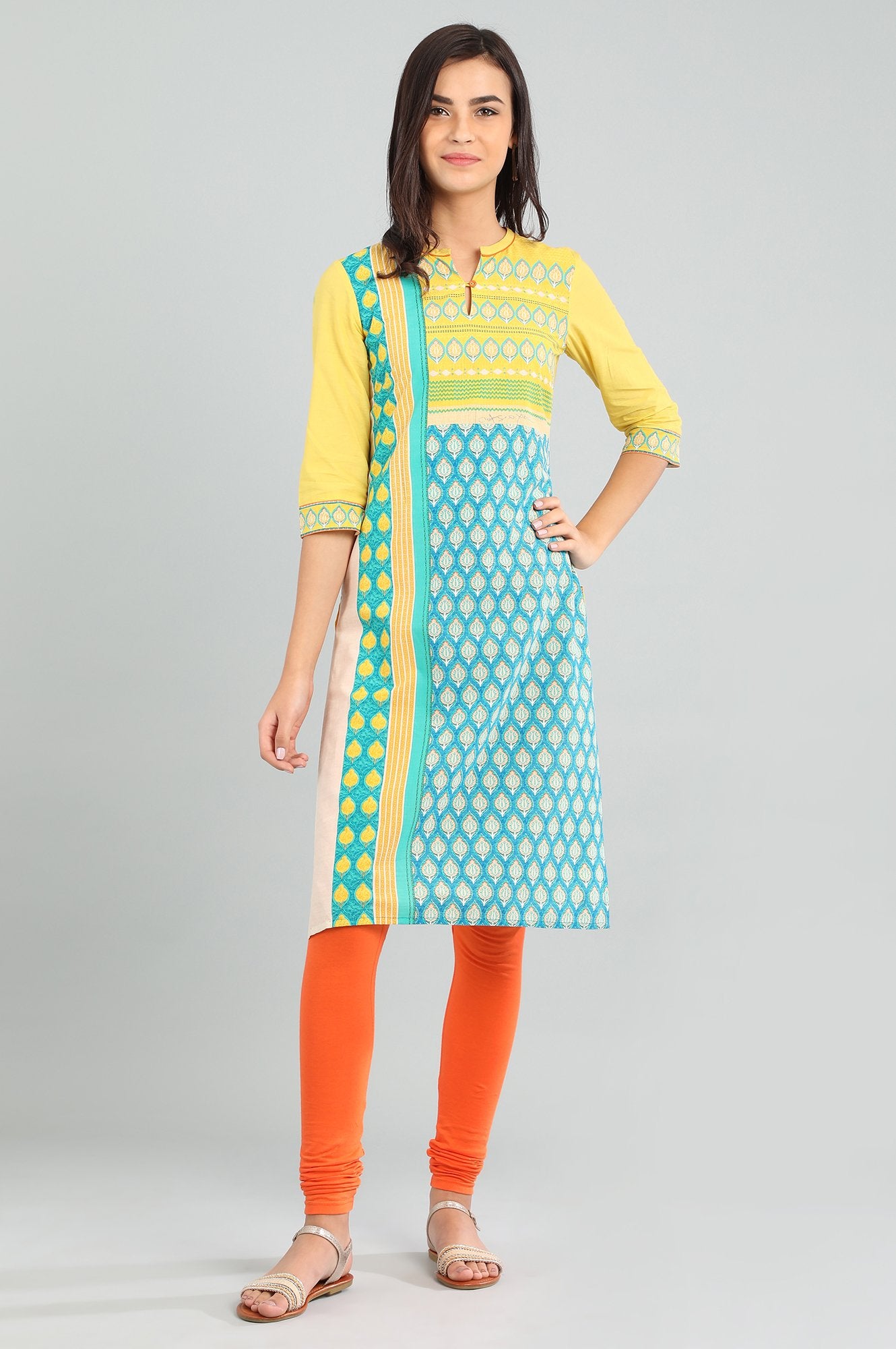 Yellow Band Collar Printed kurta