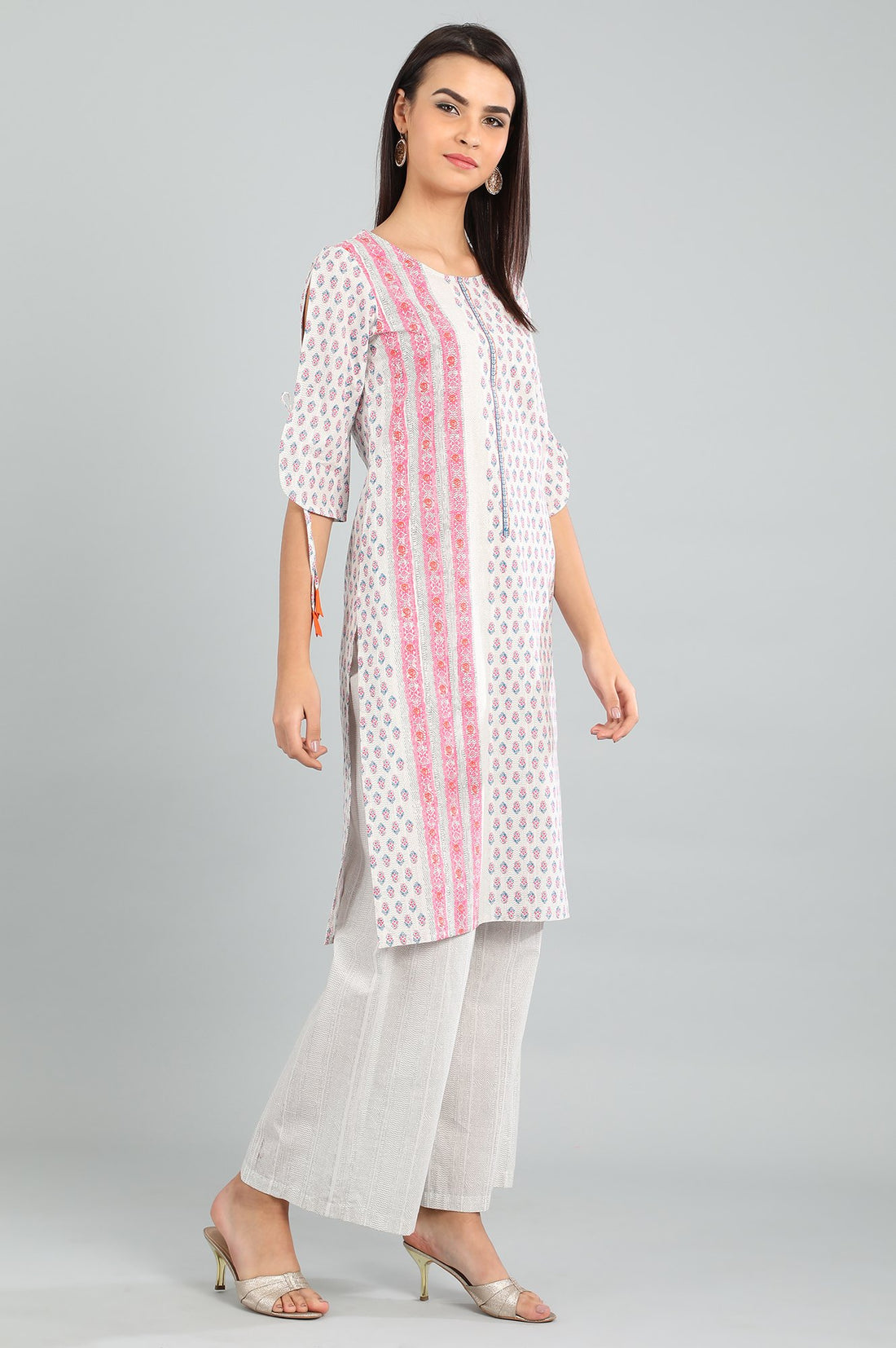 White Round Neck Printed kurta