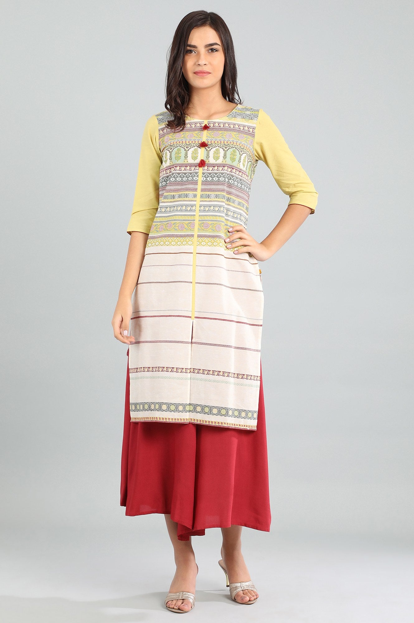 Yellow Round Neck Printed kurta