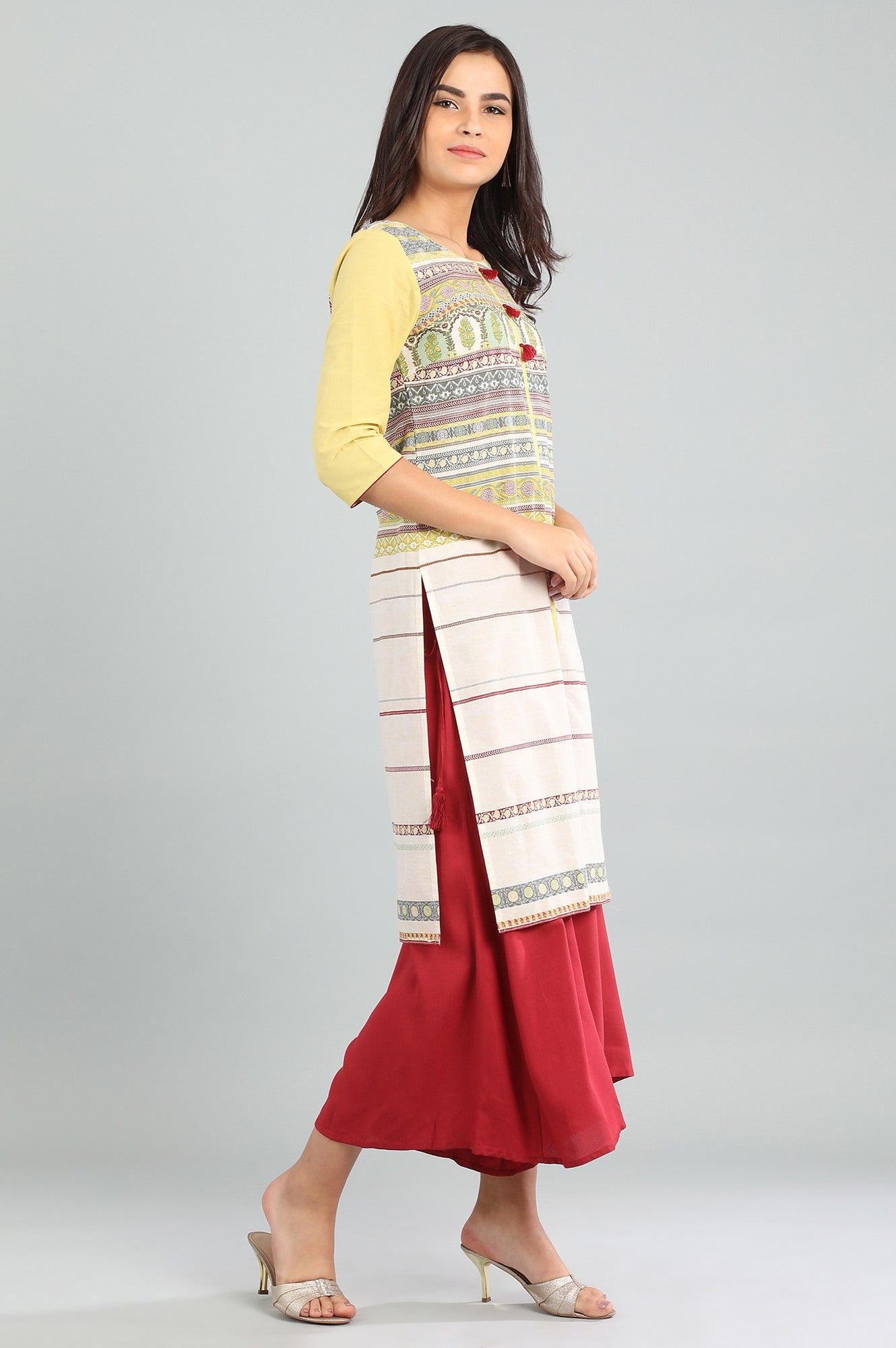 Yellow Round Neck Printed kurta