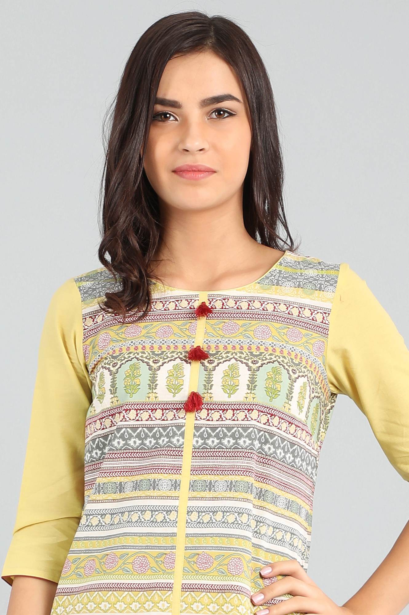 Yellow Round Neck Printed kurta