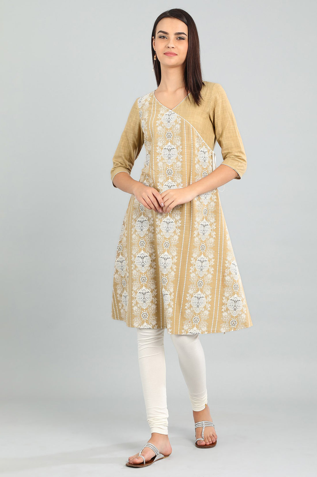 Beige V-Neck Angrakha kurta
