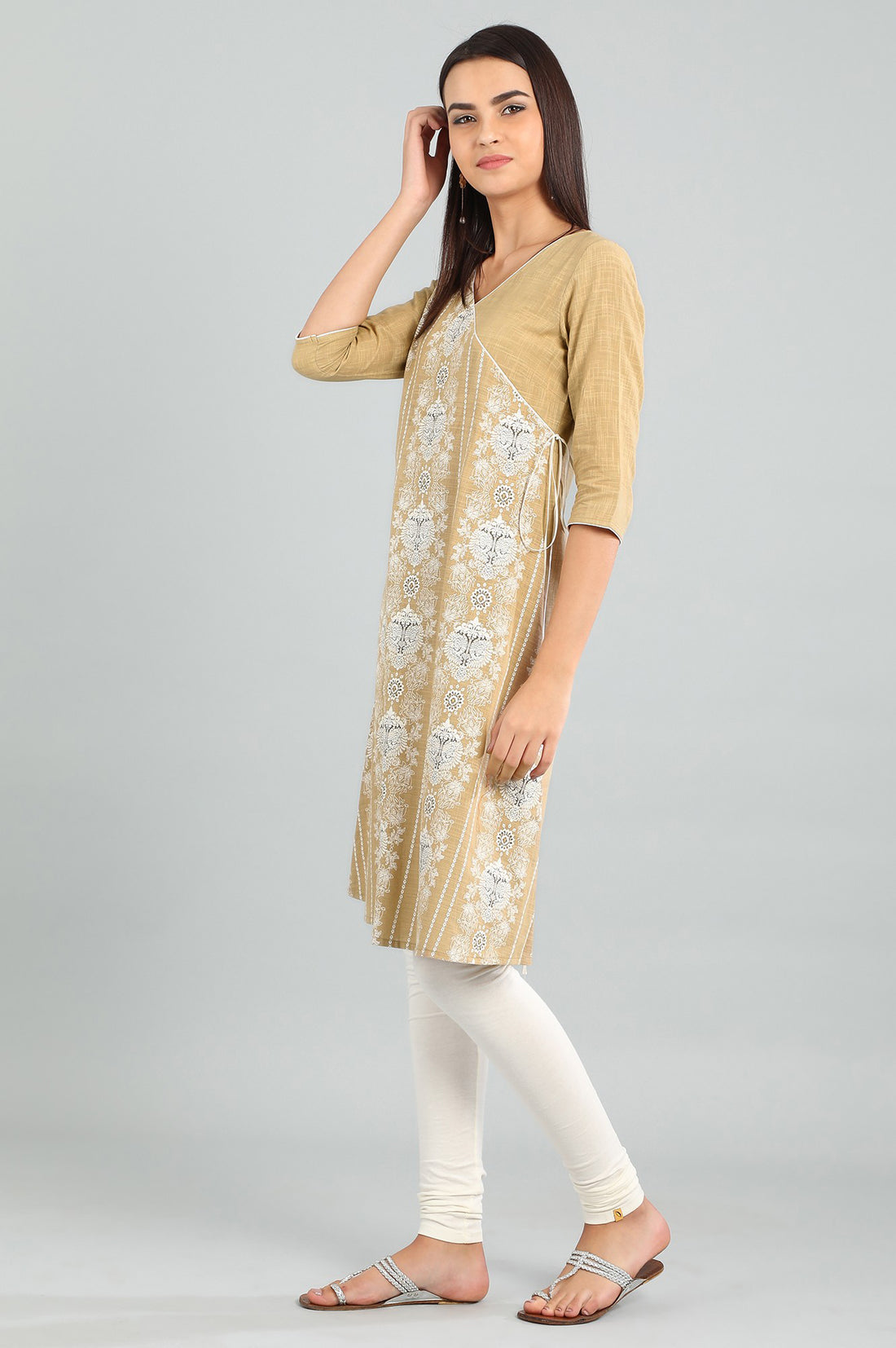 Beige V-Neck Angrakha kurta