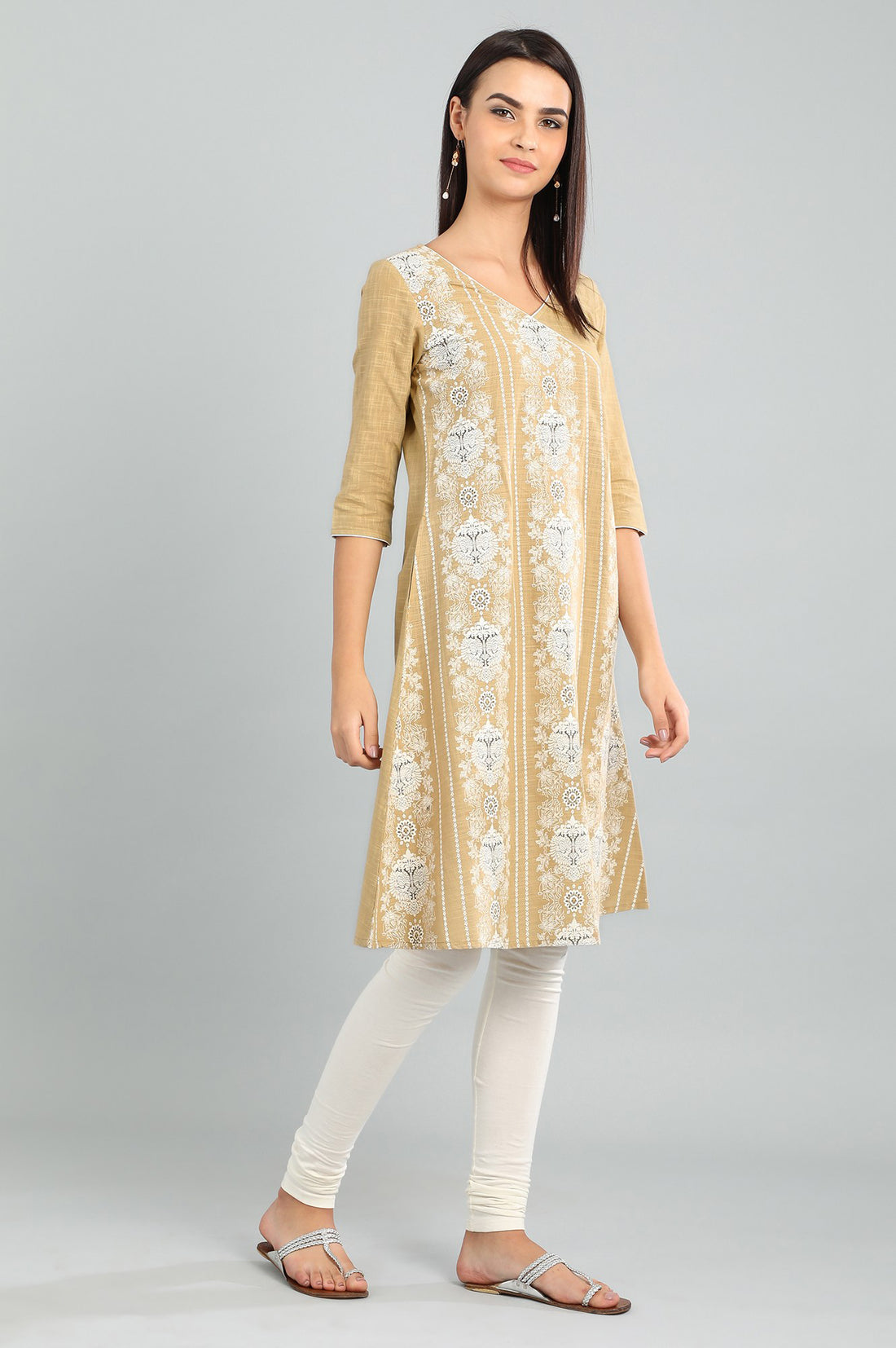 Beige V-Neck Angrakha kurta