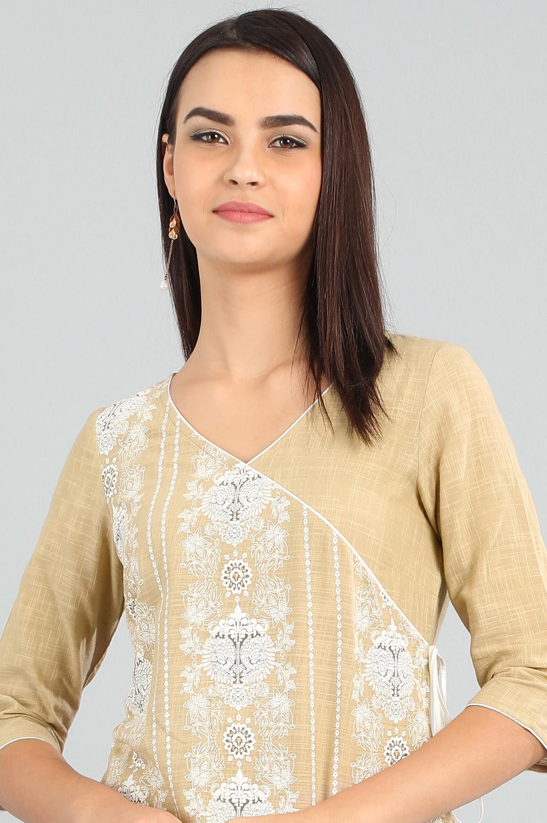 Beige V-Neck Angrakha kurta