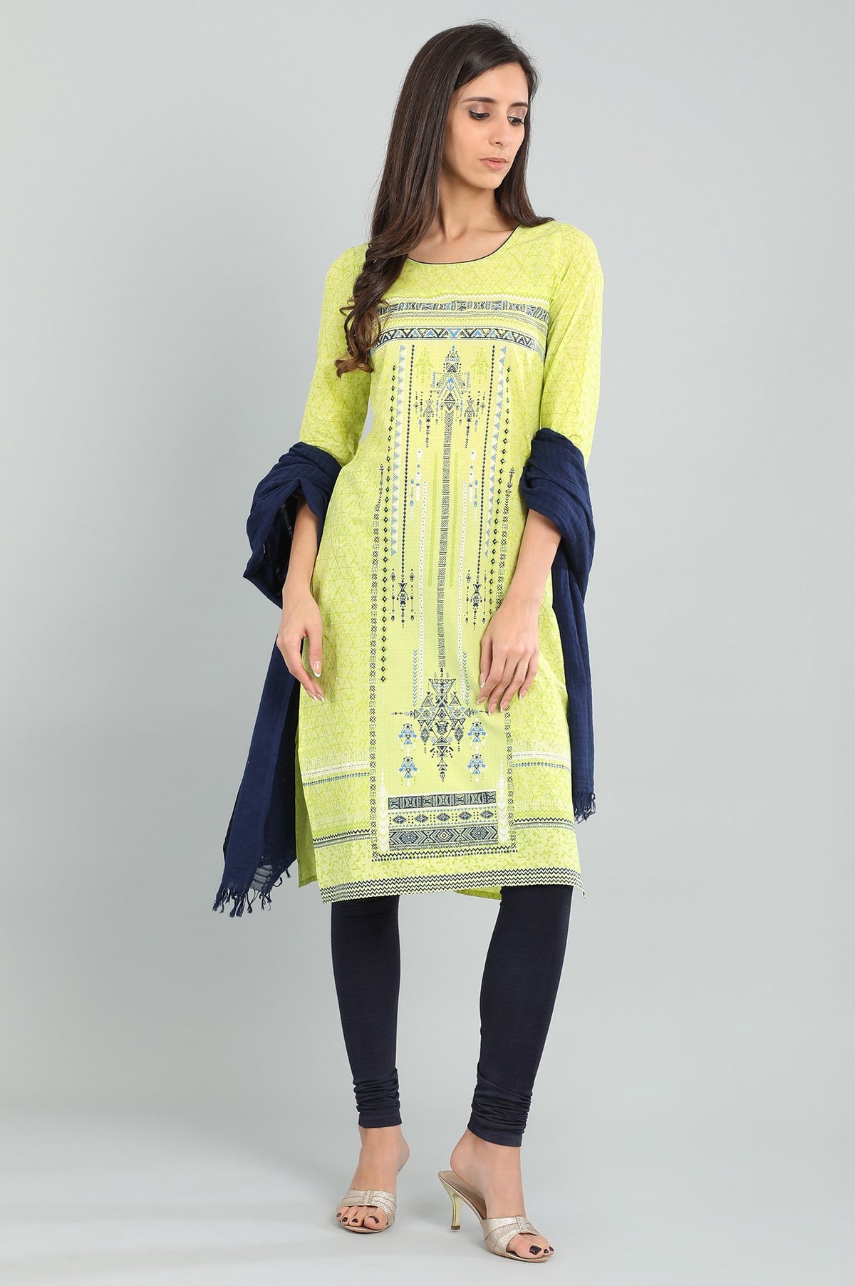 Green Round Neck Printed kurta - XS