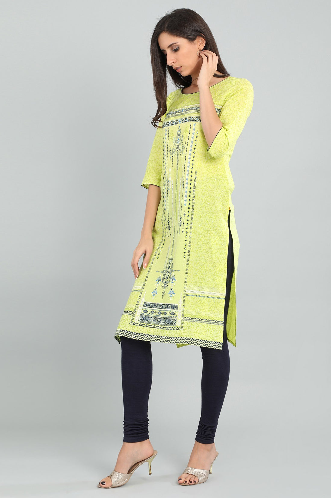 Green Round Neck Printed kurta