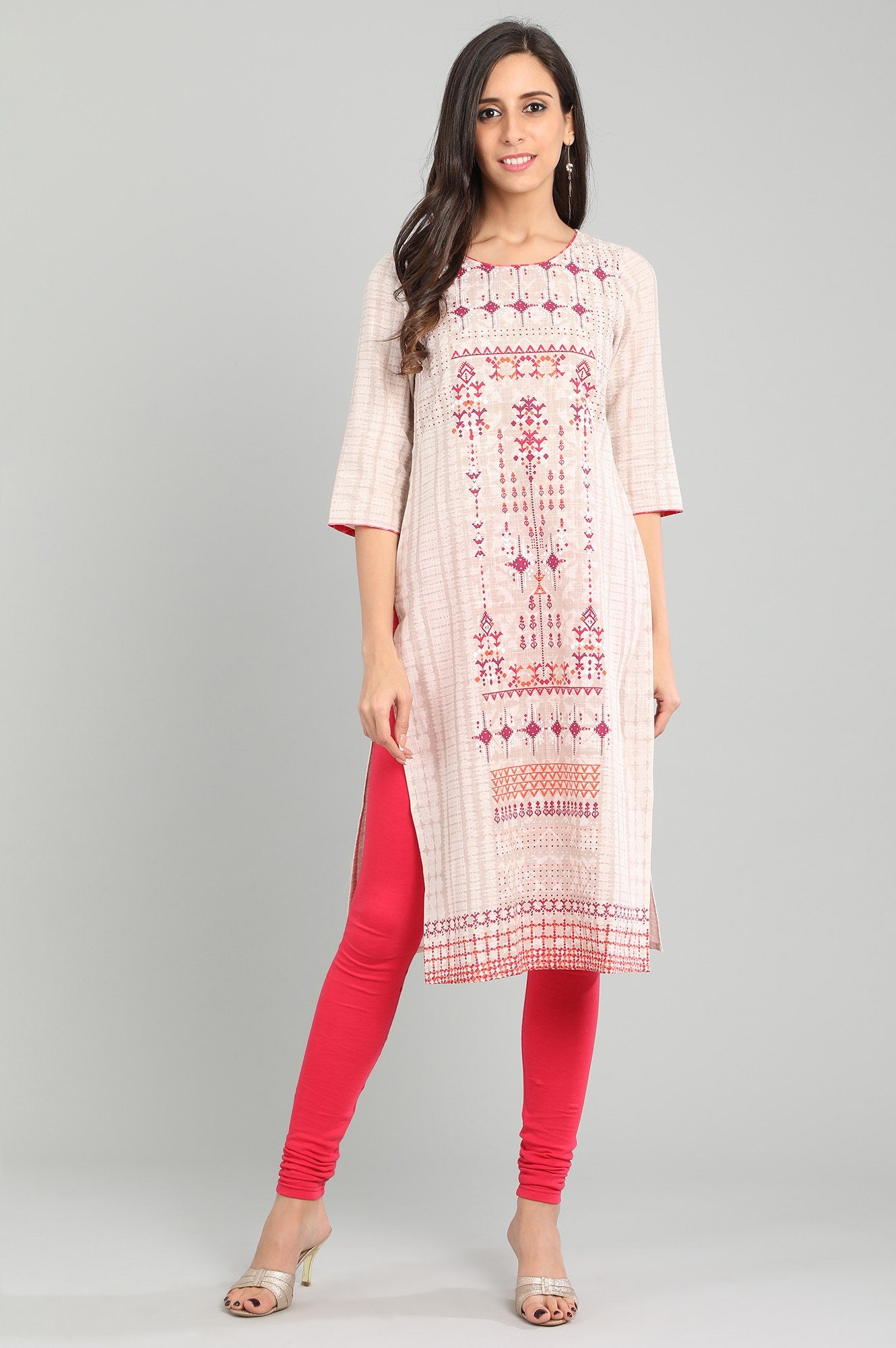 Beige Round Neck Printed kurta