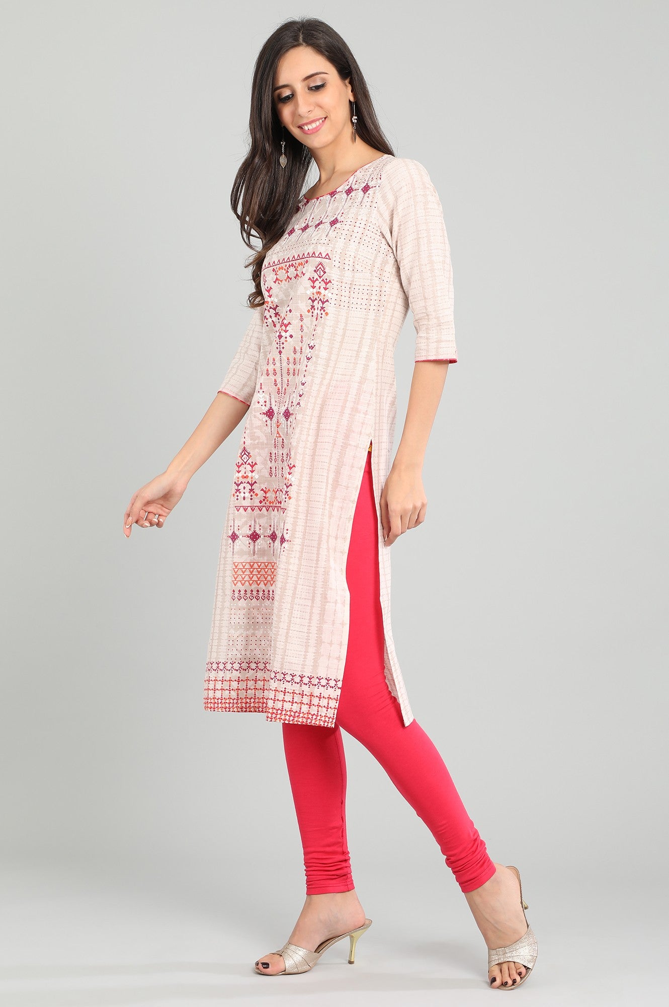 Beige Round Neck Printed kurta