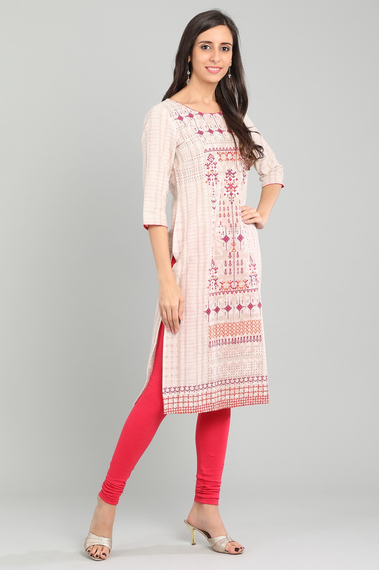 Beige Round Neck Printed kurta